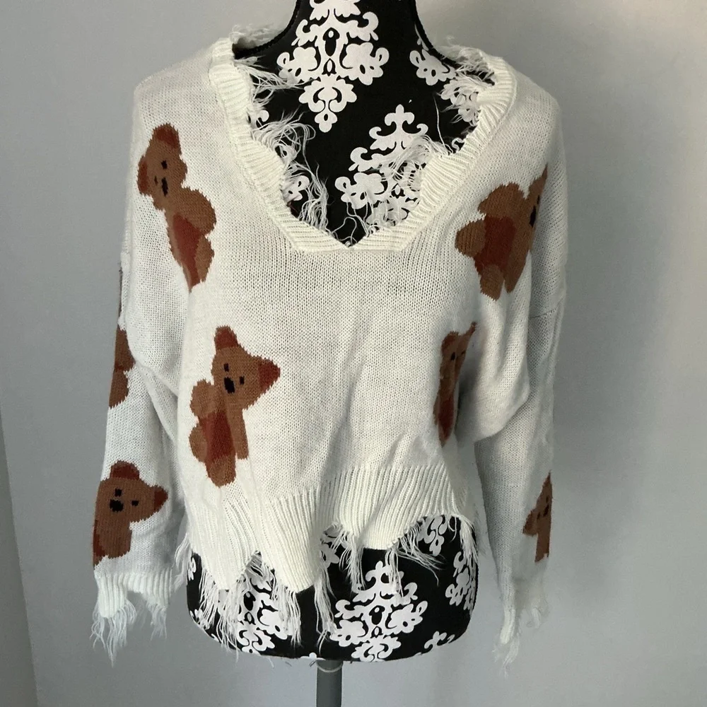 Just Polly NY Teddy Bear Sweater Women's Medium V-Neck Fray Frilly Knit